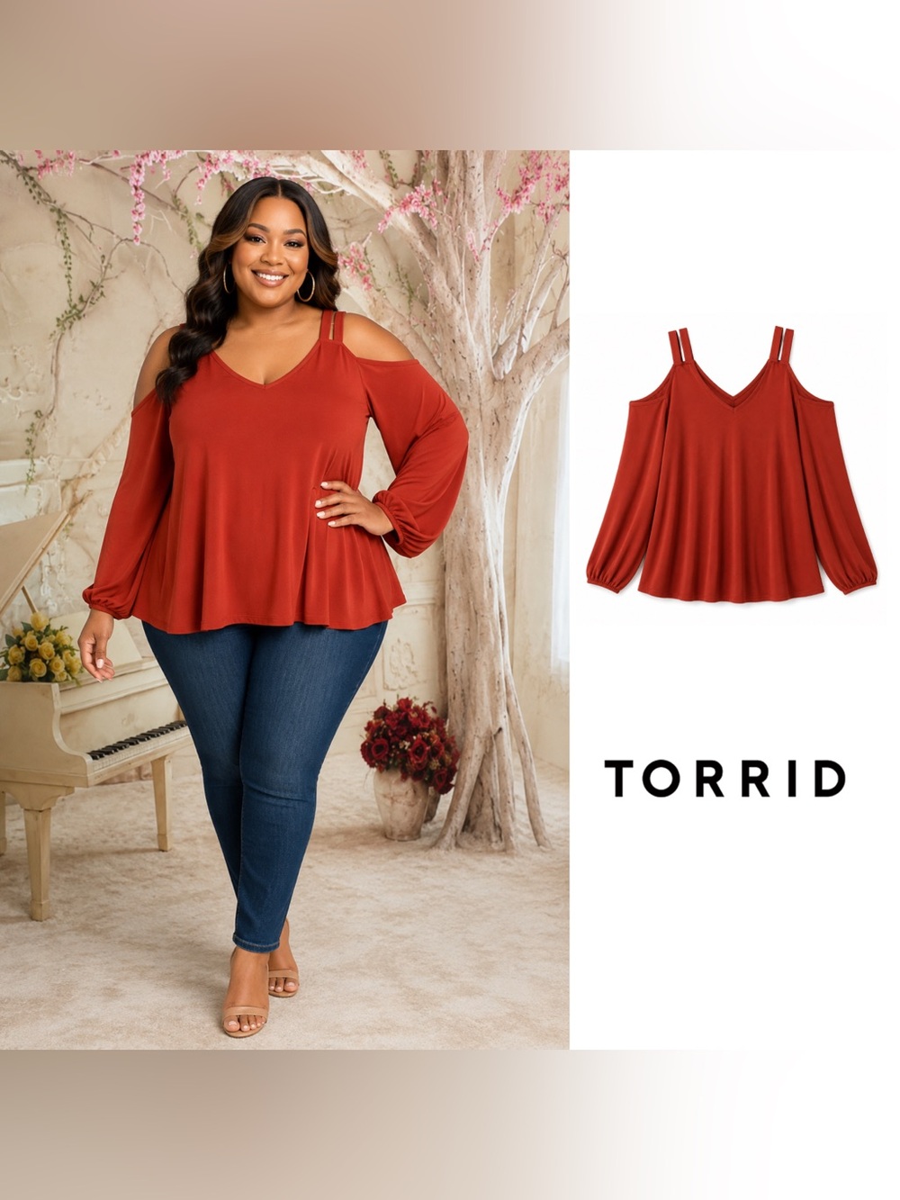 NEW Torrid Rust Cold-Shoulder Double-Strap V-Neck Blouse
